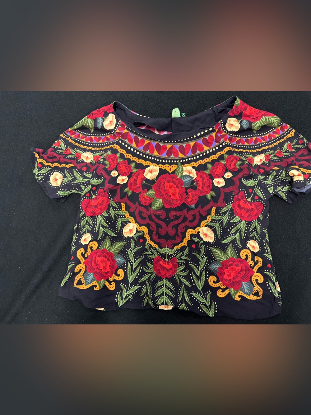 FARM Rio Floral Embroidered Black Top with Red, Green & Yellow Accents